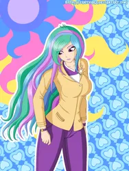 Size: 1200x1600 | Tagged: safe, artist:zantyarz, derpibooru import, princess celestia, equestria girls, breasts, busty princess celestia, cutie mark accessory, female, human coloration, principal celestia, solo