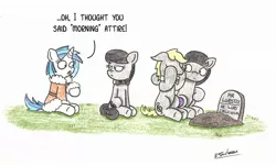 Size: 2297x1383 | Tagged: safe, artist:bobthedalek, derpibooru import, octavia melody, vinyl scratch, oc, oc:mixed melody, oc:octavia's father, oc:octavia's mother, oc:ostinato melody, earth pony, lobster, pony, unicorn, bathrobe, clothes, epitaph, female, funeral, funny, grave, gravestone, implied death, mare, ponies eating meat, ponies eating seafood, pun, robe