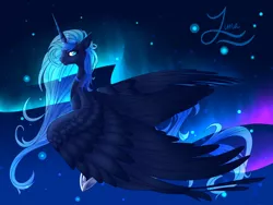 Size: 1024x768 | Tagged: artist:swiftyuki, aurora borealis, derpibooru import, flying, princess luna, safe, solo