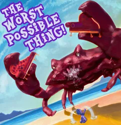 Size: 2024x2103 | Tagged: artist:cerebro, beach, crab, crying, derpibooru import, fainting couch, monster, ocular gushers, rarity, rarity fighting a giant crab, safe, size difference