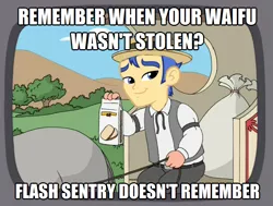 Size: 716x540 | Tagged: safe, derpibooru import, flash sentry, equestria girls, exploitable meme, family guy, flash sentry savior of the universe, forced meme, image macro, meme, pepperidge farm remembers, solo, waifu, waifu thief