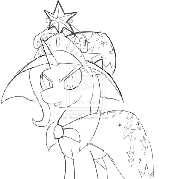 Size: 876x912 | Tagged: safe, artist:ciscoql, derpibooru import, trixie, pony, unicorn, big crown thingy, element of magic, female, mare, monochrome, solo