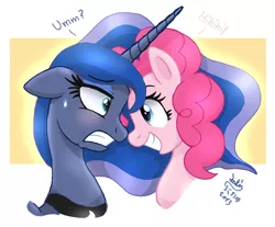 Size: 1210x1000 | Tagged: safe, artist:joakaha, derpibooru import, pinkie pie, princess luna, alicorn, earth pony, pony, bust, dialogue, female, looking at each other, mare, portrait, profile, signature, smiling, sweat, sweatdrop