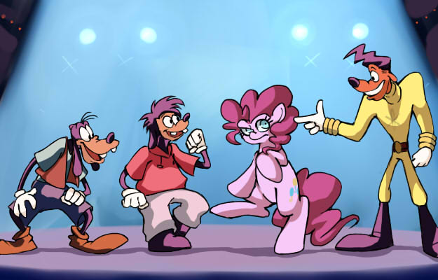 Size: 625x400 | Tagged: a goofy movie, artist:uc77, derpibooru import, goofy, max, max goof, pinkie pie, power line, safe