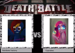 Size: 1008x720 | Tagged: semi-grimdark, derpibooru import, pinkie pie, rainbow dash, earth pony, pegasus, pony, fanfic:cupcakes, fanfic:rainbow factory, blood, chains, cupcake, death battle, food, pinkamena diane pie, rainbow factory dash, text, vs