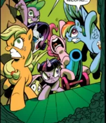 Size: 305x354 | Tagged: action pose, angry, applejack, cowering, cropped, derpibooru import, determined, fluttershy, idw, mane seven, mane six, party cannon, pinkie pie, rainbow dash, rarity, safe, spike, spoiler:comic, the return of queen chrysalis, twilight sparkle