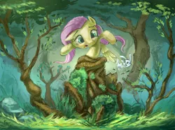 Size: 2900x2157 | Tagged: safe, artist:ruffu, derpibooru import, angel bunny, fluttershy, pegasus, pony, captured, everfree forest, forest, roots, stuck, tree