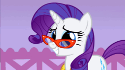Size: 960x540 | Tagged: animated, blinking, derpibooru import, glasses, measuring tape, rarity, rarity's glasses, safe, screencap, smiling, solo, suited for success
