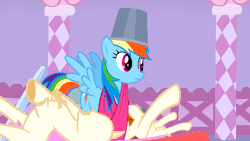 Size: 960x540 | Tagged: safe, derpibooru import, screencap, rainbow dash, suited for success, animated, bucket, bucketdash, cute, dashabetes, fabric, frown, headbucket, mannequin, rainbow dash always dresses in style, solo, spread wings, surprised, talking