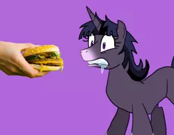 Size: 810x625 | Tagged: artist:advanceddefense, burger, derpibooru import, drool, edit, eyes on the prize, gritted teeth, messy mane, omnivore twilight, ponies eating meat, safe, sharp teeth, twilight sparkle, twilight unbound, werelight shine, wide eyes