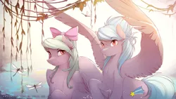 Size: 2560x1440 | Tagged: dead source, safe, artist:antiander, derpibooru import, cloudchaser, flitter, dragonfly, pegasus, pony, bow, duo, duo female, female, hair bow, large wings, mare, raised hoof, spread wings, tongue out, wallpaper, wings