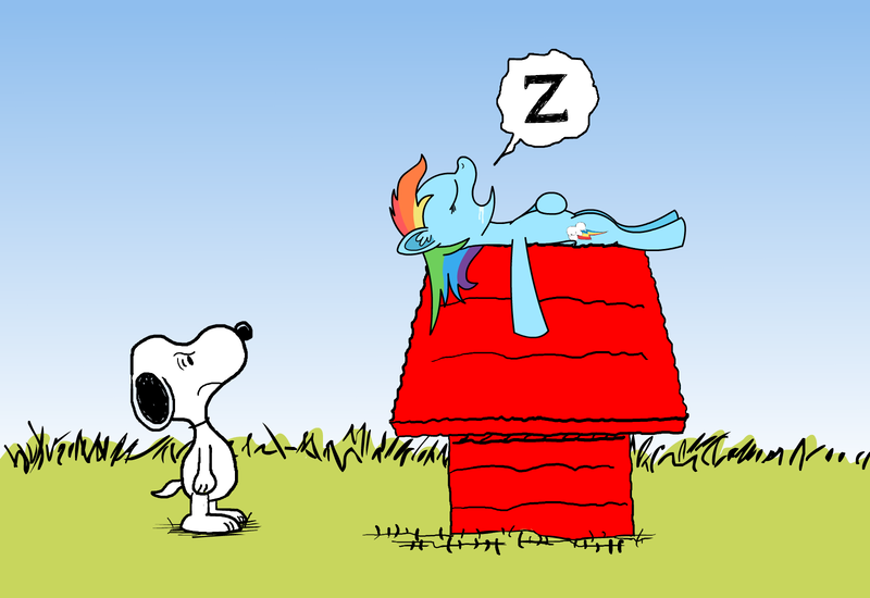 Size: 1600x1100 | Tagged: safe, artist:klystron2010, derpibooru import, rainbow dash, beagle, dog, pegasus, pony, charles m schulz, crossover, doghouse, drool, peanuts, sleeping, snoopy, style emulation, z