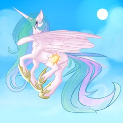Size: 1024x1024 | Tagged: safe, artist:swiftyuki, derpibooru import, princess celestia, alicorn, pony, colored pupils, female, flying, looking at you, mare, sky, solo, sun, wing fluff