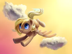 Size: 1032x774 | Tagged: safe, artist:kaermter, derpibooru import, oc, unofficial characters only, pegasus, pony, cloud, cloudy, cutie mark, female, flying, hooves, lineless, mare, sky, smiling, solo, spread wings, wings