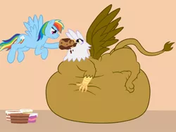 Size: 1280x960 | Tagged: safe, artist:8aerondight8, derpibooru import, gilda, rainbow dash, gryphon, pegasus, pony, belly, belly bed, cake, fat, force feeding, gildough, impossibly large belly, morbidly obese, obese, stuffing