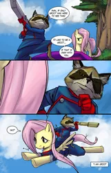 Size: 800x1241 | Tagged: artist:pumadriftcat, comic, derpibooru import, fluttershy, fluttertree, flying, groot, grootershy, guardians of the galaxy, marvel, riding, rocket raccoon, safe