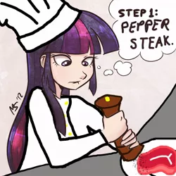 Size: 962x962 | Tagged: 1000 hours in ms paint, artist:megasweet, censored, chef, cooking, derpibooru import, edit, female, hat, human, humanized, ms paint, not porn, solo, solo female, steak, suggestive, twilight sparkle