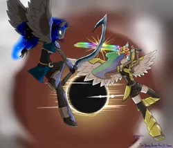 Size: 3100x2650 | Tagged: alicorn, anthro, armor, artist:xonitum, derpibooru import, eclipse, fight, flying, khopesh, nightmare moon, princess celestia, safe, solar eclipse, sword, unguligrade anthro, warrior celestia, weapon