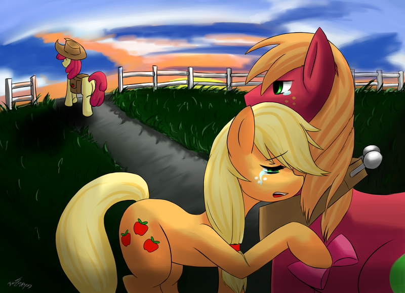 Size: 2000x1447 | Tagged: safe, artist:benjik, derpibooru import, apple bloom, applejack, big macintosh, earth pony, pony, crying, leaving, male, older, saddle bag, stallion