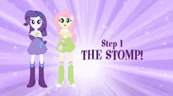 Size: 638x354 | Tagged: safe, derpibooru import, fluttershy, rarity, equestria girls, animated, boots, bracelet, clothes, dancing, eg stomp, equestria girls prototype, high heel boots, jewelry, skirt, socks, the eg stomp