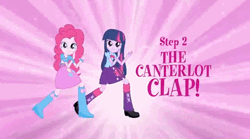 Size: 638x354 | Tagged: safe, derpibooru import, pinkie pie, twilight sparkle, equestria girls, animated, balloon, boots, bracelet, clapping, clothes, dancing, eg stomp, equestria girls prototype, error, high heel boots, jewelry, skirt, the eg stomp