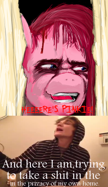 Size: 1000x1736 | Tagged: bo burnham, derpibooru import, human, irl, irl human, meme, photo, pinkamena diane pie, pinkie pie, safe, the shining, vine video, vulgar