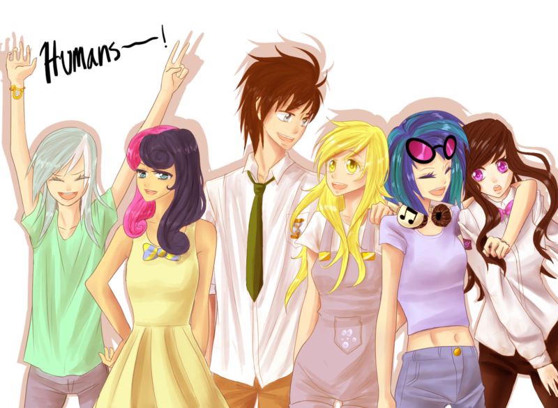 Size: 1280x937 | Tagged: safe, artist:sweet-unknown, derpibooru import, bon bon, derpy hooves, doctor whooves, lyra heartstrings, octavia melody, sweetie drops, time turner, vinyl scratch, human, background six, casual, humanized