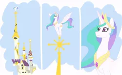 Size: 900x559 | Tagged: artist:yoka-the-changeling, balancing, behaving like a bird, canterlot castle, derpibooru import, frown, perching, princess celestia, safe, sillestia, solo, spread wings, wat, weather vane, wide eyes