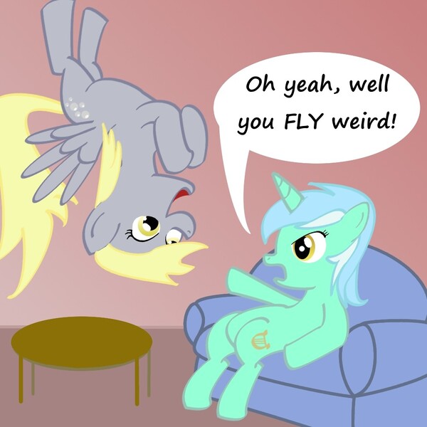 Size: 1000x1000 | Tagged: safe, artist:invidlord, derpibooru import, derpy hooves, lyra heartstrings, pegasus, pony, unicorn, couch, duo, flying, laughing, lyra is not amused, newbie artist training grounds, sitting, sitting lyra, upside down