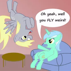 Size: 1000x1000 | Tagged: safe, artist:invidlord, derpibooru import, derpy hooves, lyra heartstrings, pegasus, pony, unicorn, couch, duo, flying, laughing, lyra is not amused, newbie artist training grounds, sitting, sitting lyra, upside down