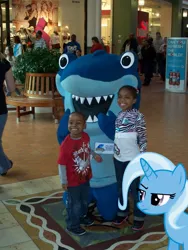 Size: 800x1066 | Tagged: child, clothes, costume, derpibooru import, human, irl, irl human, kids, mall of america, mascot, photo, ponies in real life, safe, shark, trixie, unamused