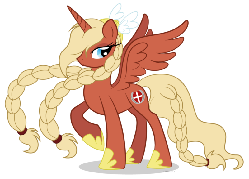 Size: 1024x739 | Tagged: safe, artist:littlehybridshila, derpibooru import, oc, oc:valkyria, unofficial characters only, alicorn, pony, alicorn oc, alicornified, denmark, mascot, nation ponies, race swap, solo