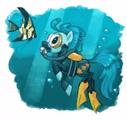 Size: 1200x1138 | Tagged: angel, angelfish, artist:needsmoarg4, clothes, costume, derpibooru import, diving, fish, g1, g1 to g4, generation leap, safe, scuba, scuba diving, solo, swimming, underwater, water