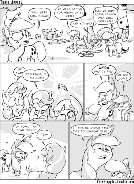 Size: 944x1294 | Tagged: safe, artist:capnpea, derpibooru import, apple bloom, applejack, scootaloo, sweetie belle, earth pony, pegasus, pony, unicorn, comic:three apples, comic, crystal, cutie mark crusaders, female, filly, mare, monochrome, orchard, rope