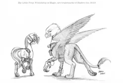 Size: 1100x740 | Tagged: safe, artist:baron engel, derpibooru import, vinyl scratch, oc, oc:golden bill, gryphon, boots, bridle, goggles, hoof boots, monochrome, pencil drawing, saddle, sexy saddle, tack, traditional art