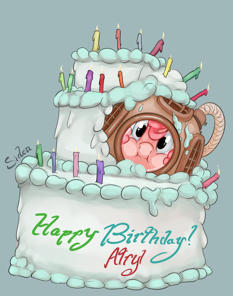 Size: 855x1086 | Tagged: against glass, artist:siden, cake, candle, clothes, costume, derpibooru import, diving suit, food, happy birthday, messy, pinkie pie, pop out cake, safe, solo