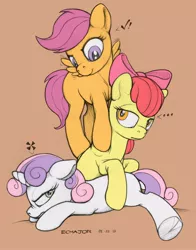 Size: 1254x1600 | Tagged: safe, artist:chromaskunk, artist:ecmajor, derpibooru import, apple bloom, scootaloo, sweetie belle, earth pony, pegasus, pony, unicorn, blank flank, bow, colored, cutie mark crusaders, female, filly, hair bow, pony pile, smiling, tower of pony