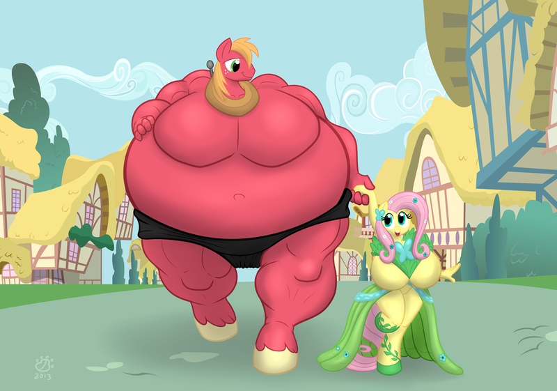 Size: 1280x898 | Tagged: questionable, artist:badgerben, derpibooru import, big macintosh, fluttershy, anthro, unguligrade anthro, belly, bhm, big belly, big breasts, big sumotosh, bigger macintosh, breasts, busty fluttershy, clothes, dress, fat, female, fluttermac, gala dress, impossibly large belly, male, moobs, morbidly obese, musclegut, obese, shipping, straight, sumo, sumo macintosh