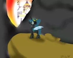 Size: 1000x800 | Tagged: artist:beauty art, cave, changeling, dawn, derpibooru import, filly, happy, queen chrysalis, safe, smiling, solo