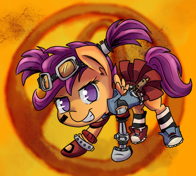 Size: 1000x900 | Tagged: alternate hairstyle, amputee, borderlands, borderlands 2, clothes, crossover, derpibooru import, gaige, goggles, mechromancer, pigtails, safe, scootaloo, solo