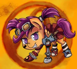 Size: 1000x900 | Tagged: alternate hairstyle, amputee, borderlands, borderlands 2, clothes, crossover, derpibooru import, gaige, goggles, mechromancer, pigtails, safe, scootaloo, solo