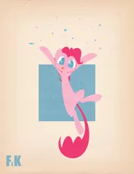 Size: 2550x3300 | Tagged: safe, artist:fluttershythekind, derpibooru import, pinkie pie, :p, abstract background, action pose, confetti, cute, diapinkes, looking at you, no pupils, poster, solo, tongue out