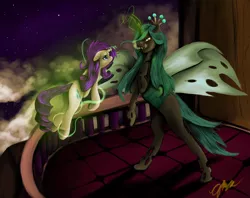 Size: 1024x813 | Tagged: artist:cytozire, bad end, balcony, cloud, cloudy, derpibooru import, ledge, magic, night, queen chrysalis, rarity, safe, traditional art