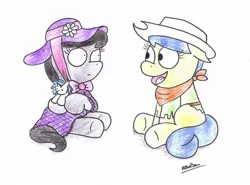 Size: 2143x1582 | Tagged: safe, artist:bobthedalek, derpibooru import, fiddlesticks, octavia melody, vinyl scratch, earth pony, pony, apple family member, bow, clothes, doll, dress, duo, female, filly, hat