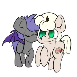 Size: 7087x7087 | Tagged: safe, artist:olympic tea bagger, derpibooru import, oc, oc:anon, oc:midnight blossom, unofficial characters only, bat pony, pony, /anon/, absurd resolution, fake horn, kiss on the cheek, kissing, mlpchan, oc x oc, shipping