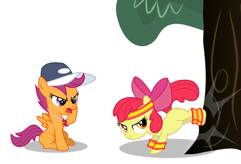 Size: 2000x1363 | Tagged: apple bloom, applebucking, artist:masem, bucking, derpibooru import, hat, headband, rainbow dashs coaching whistle, safe, scootaloo, simple background, sweatband, transparent background, tree, vector, whistle