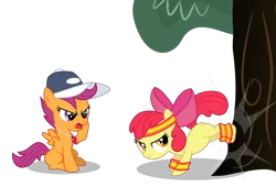 Size: 2000x1363 | Tagged: apple bloom, applebucking, artist:masem, bucking, derpibooru import, hat, headband, rainbow dashs coaching whistle, safe, scootaloo, simple background, sweatband, transparent background, tree, vector, whistle