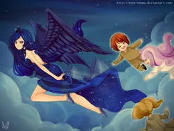 Size: 1024x768 | Tagged: artist:mizz-chama, baby moondancer, children of the night, derpibooru import, flying, human, humanized, kidnapped, oc, oc:gari, oc:spirit, princess luna, safe, scene interpretation, winged humanization