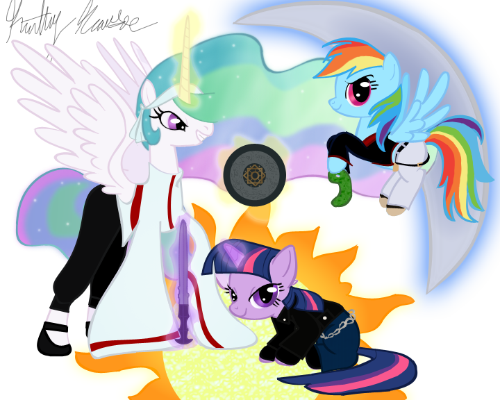 Size: 720x576 | Tagged: artist:kathyhauser, chizuru kagura, cosplay, crossover, derpibooru import, iori yagami, king of fighters, kyo kusanagi, princess celestia, rainbow dash, safe, simple background, snk, transparent background, twilight sparkle