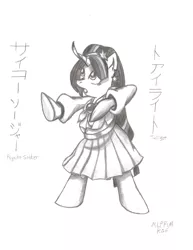 Size: 2532x3276 | Tagged: safe, artist:xcesskinavira, derpibooru import, twilight sparkle, pony, athena asamiya, bipedal, cosplay, crossover, japanese, king of fighters, monochrome, psycho soldiers, sketch, snk, solo, traditional art